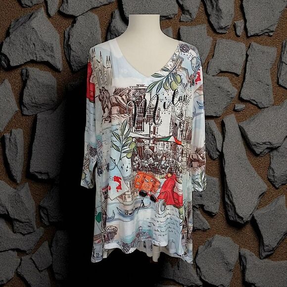 One World Graphic Tunic Top 1X Milan Artsy Plus Size Bling Asymmetric Sublimated - Picture 16 of 16